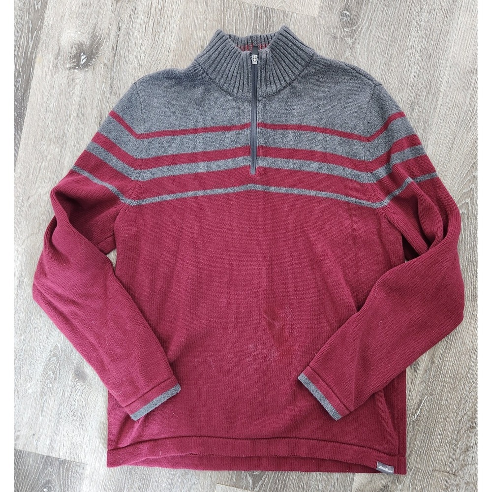 Eddie Bauer Men's M Quarter Zip Sweater Burgundy Gray Striped 100% Cotton Knit